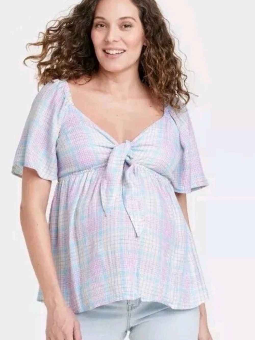 INGRID & ISABEL Maternity Smocked Tie-Front Peek-a-Boo Plaid Top XL Womens